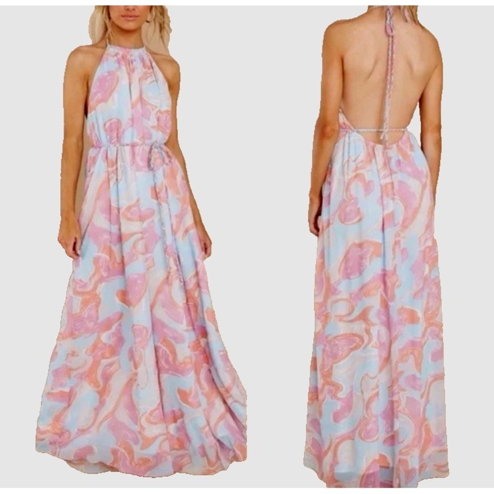 AAKAA Your New Muse Halter Maxi Dress Size S‎ Pink Blue Abstract Resort NWT